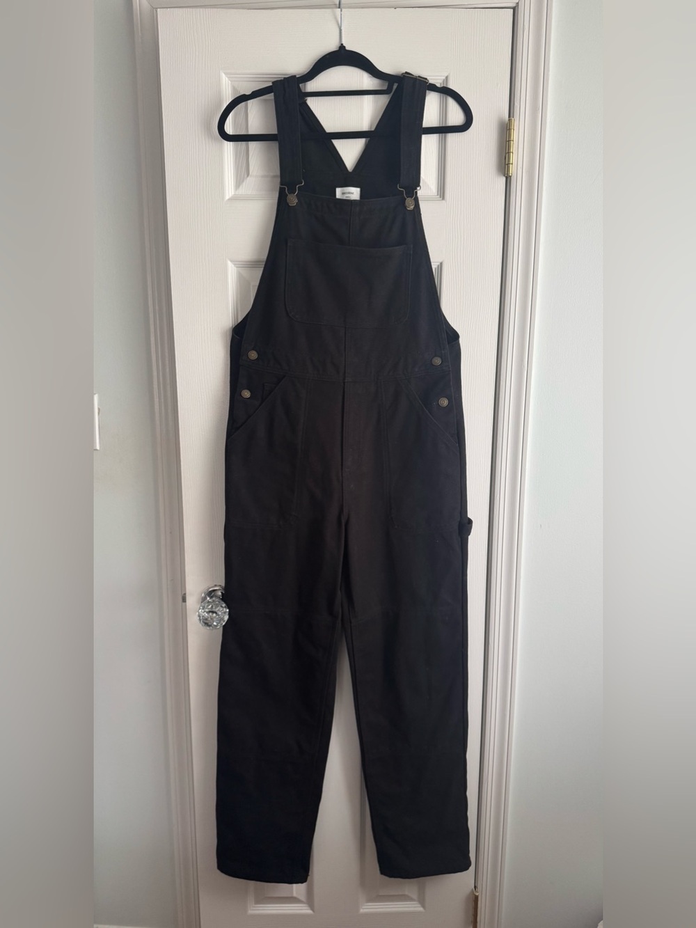 Women's Black Denim Overalls Jumpsuit Coveralls 100% Cotton. Labeled S fits L!